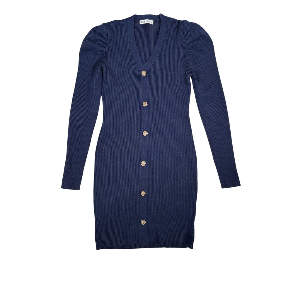 Grace Karin Navy Blue Ribbed Knit Puff Shoulder Button Front Cardigan Dress XL